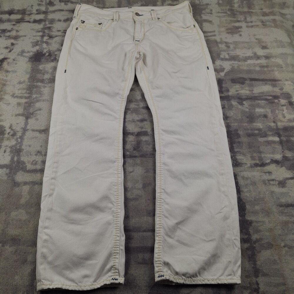 True Religion Straight Mega T Jeans Mens 38 White Cream Thick Stitch Blue Bar...